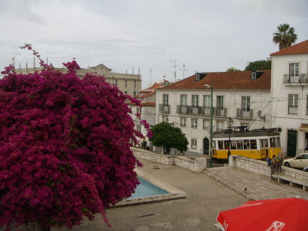 трамвай карабкается по лиссабонским улицам